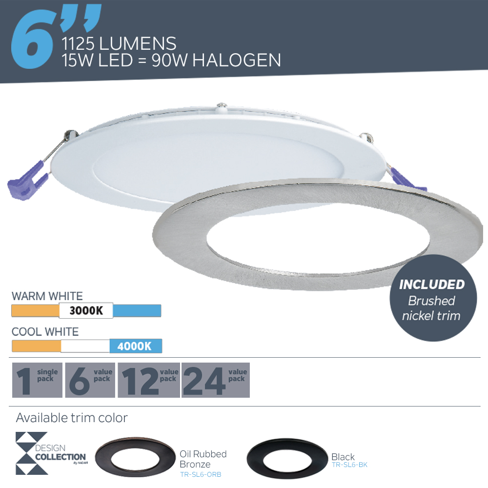 3K/4K/5K Brushed Nickel Trim Included 3 Built-in Color Temperature 6-Pack IC Rated Quick Connect System 1125 Lumens White Finish 15W=90W Nadair 6’’ LED Recessed Ultra Slim Lights Dimmable 