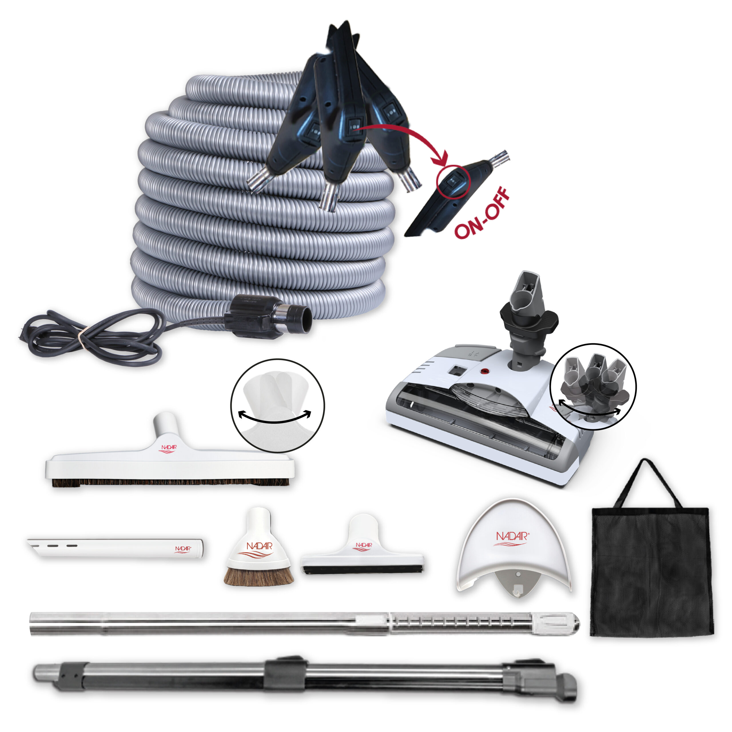 Carpet Deluxe Accessory Kit With High-voltage dual voltage switch hose with swiveling handle to prevent kinking (Available in 30 ft, 35 ft or 40 ft) - Ideal for Hard Surfaces and Carpets