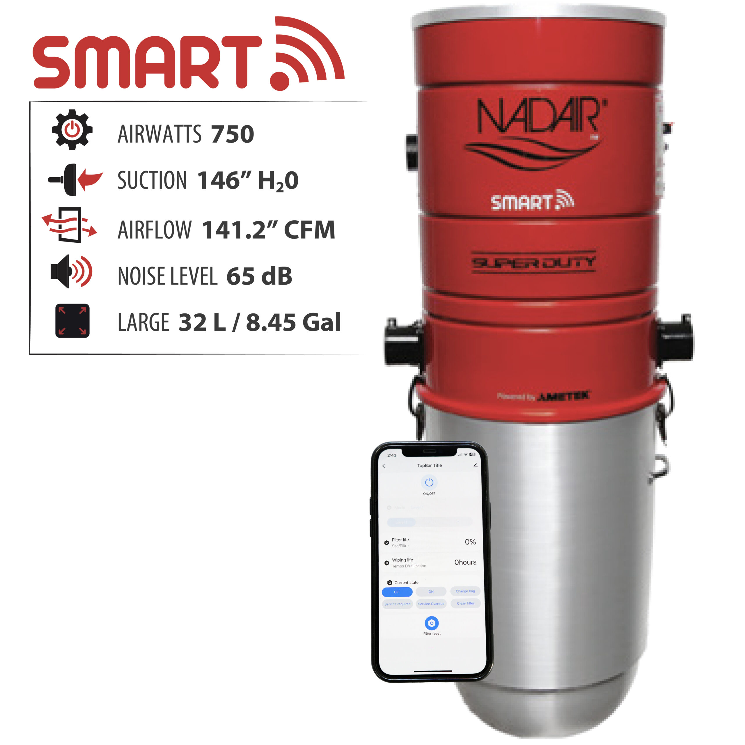 750 Airwatts Central Vacuum System, Hybrid Self-Cleaning Filtration, 32L or 8.45 Gal., Control Your Central Vacuum with Smart Device